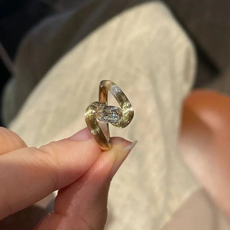 Shining antique gold crafts simple brushed sparkling diamond  rings for women design sense oval ring charm fine jewelry gift