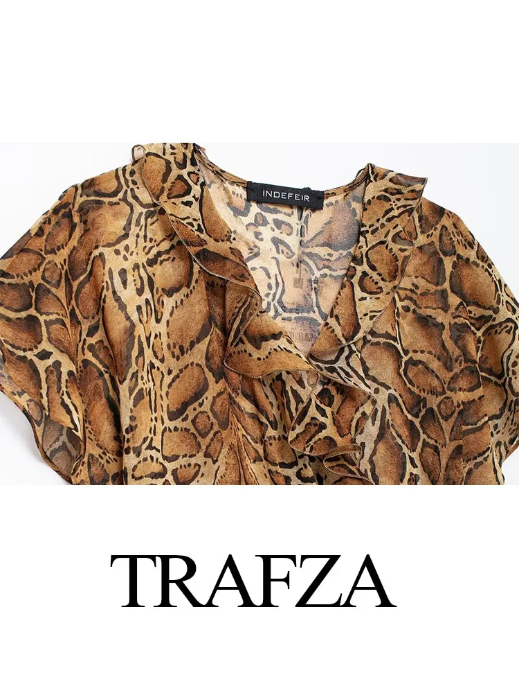 TRAFZA 2024 Female Vintage Dress Leopard V-Neck Short Sleeves Waist Hollow Out Tierred Decorate Zipper Long Dress Woman Trendy