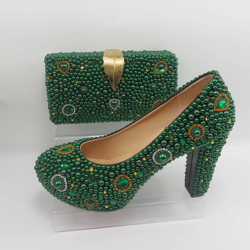 Green Pearl crystal Bridals Wedding shoes with matching bags Rhinestone Round Toe high heels party dress shoes thick with