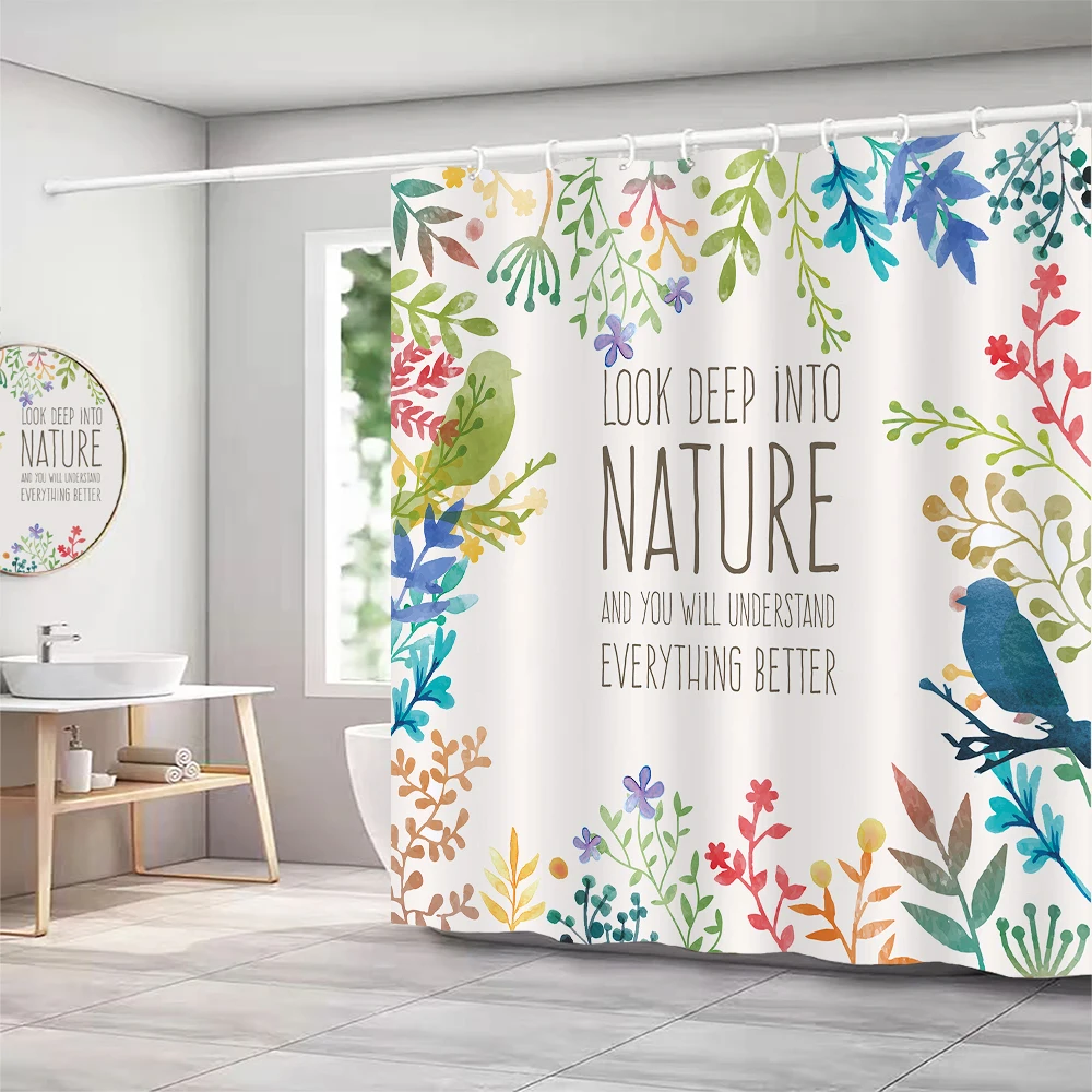 Plants and Floral Shower Curtain, Texture Fabric Bathroom Decor Watercolor Flowers and Plants Shower Curtians with Hooks