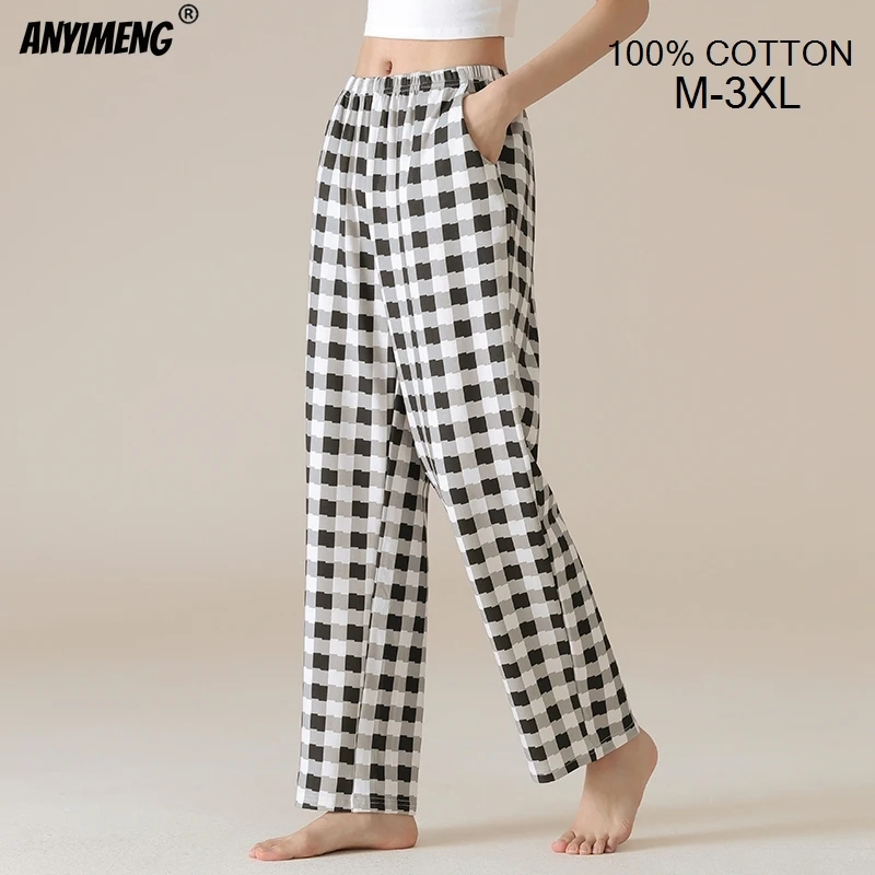 100% Cotton Women Bottoms Autumn Spring Full Pants Plaid Sleepwear Trousers Casual Chic Printing Nightwear M-3XL Woman Homewear