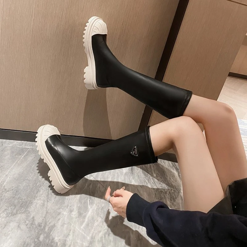 Botas de calcetín hasta la rodilla con tacón cuadrado para mujer, botas de punta redonda sin cordones, botas de plataforma informales cómodas para mujer, invierno, nuevo