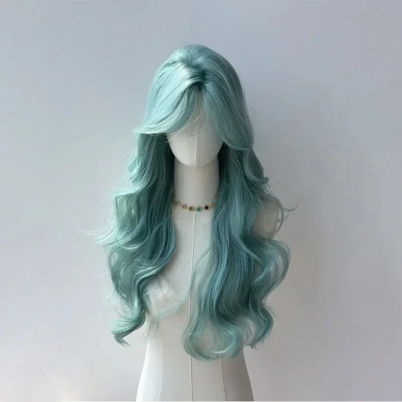 Peluca verde menta azul para mujer, flequillo octogonal dividido, ondas grandes, pelo largo y rizado, peluca de simulación natural, peluca de cosplay