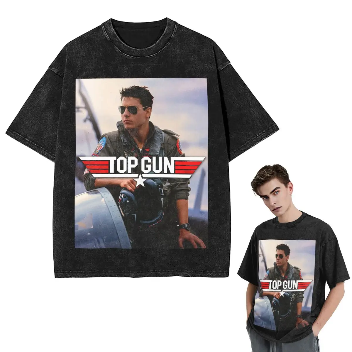Streetwear T-Shirts Top Gun Tom Cruise Maverick Washed T Shirt Short Sleeve Hip Hop T-Shirt Tops Tees for Men Women