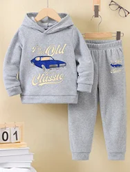 2set Boys fall and winter new sports style casual fashion pattern printed warm and fleece hoodie and tracksuit pants