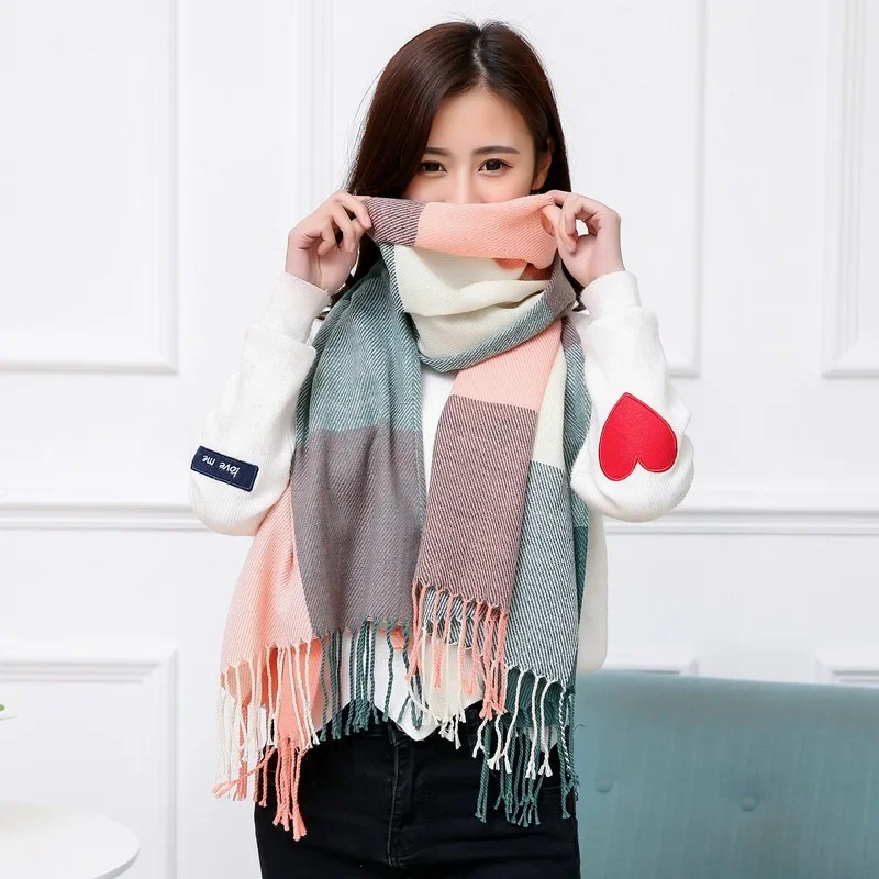 

Plaid Print Thick Cashmere Scarf for Women Pashmina Winter Warm Shawl Wraps Casual Elegant Female with Tassel Scarves T714