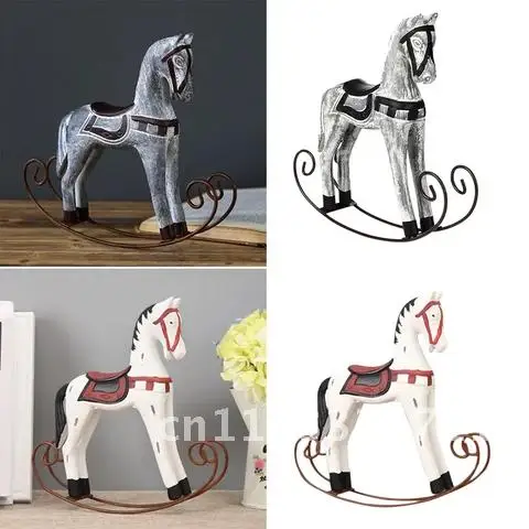 

Nordic Wooden Rocking Horse Statue Wedding Decor Wood Horse Crafts DIY Bar Living Room Ornament Kids Toys