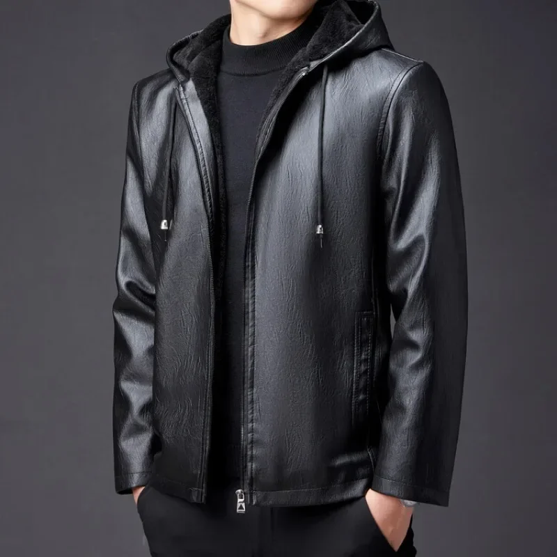Winter High-end Men\'s Hooded Leather Jacket with Waterproof Windproof and Plush Insulation Men Clothing