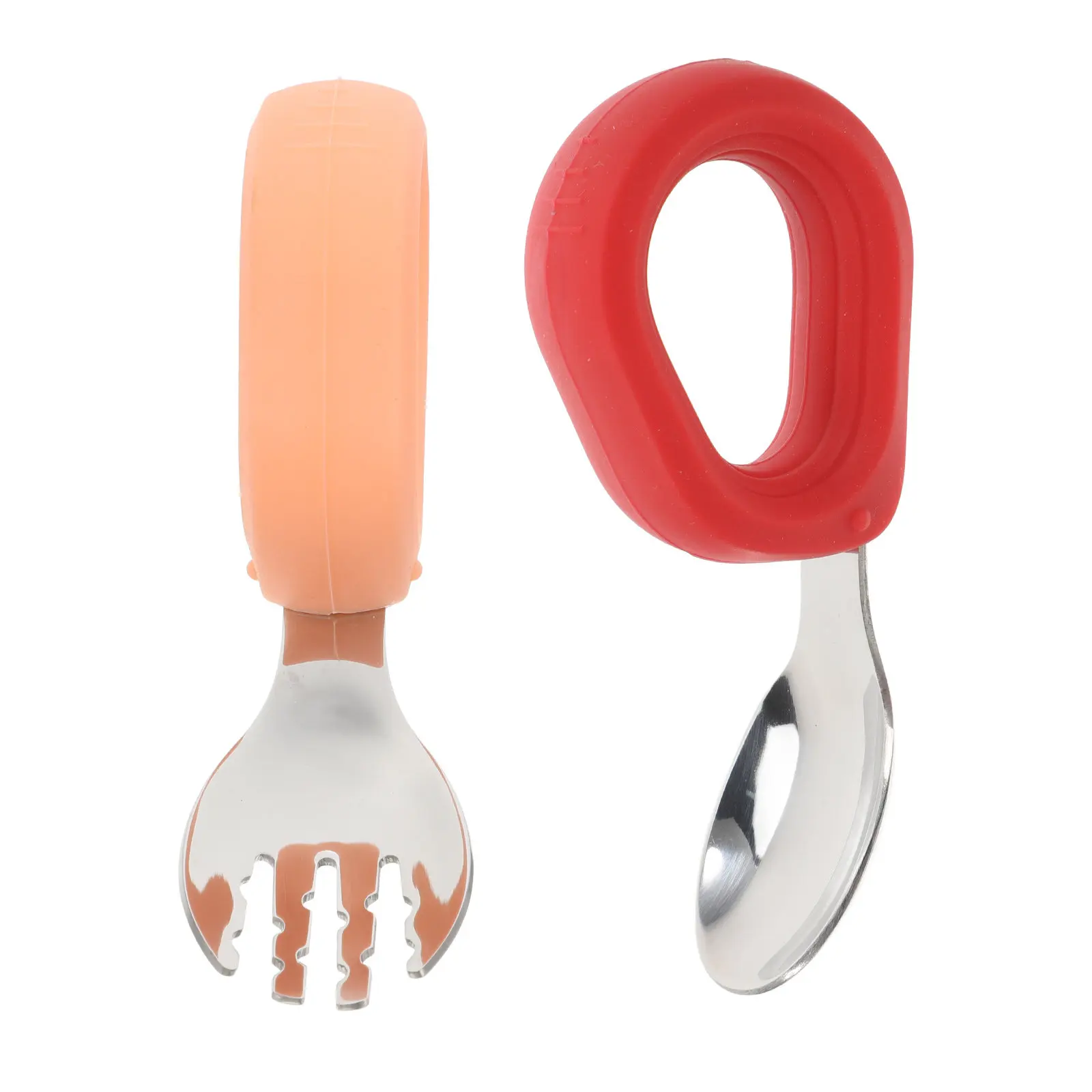 

2Pcs Stainless Steel Toddler Spoon Fork Set Silicone Handle Baby Self Feeding Utensils Ergonomic Bent Head Kids Silverware