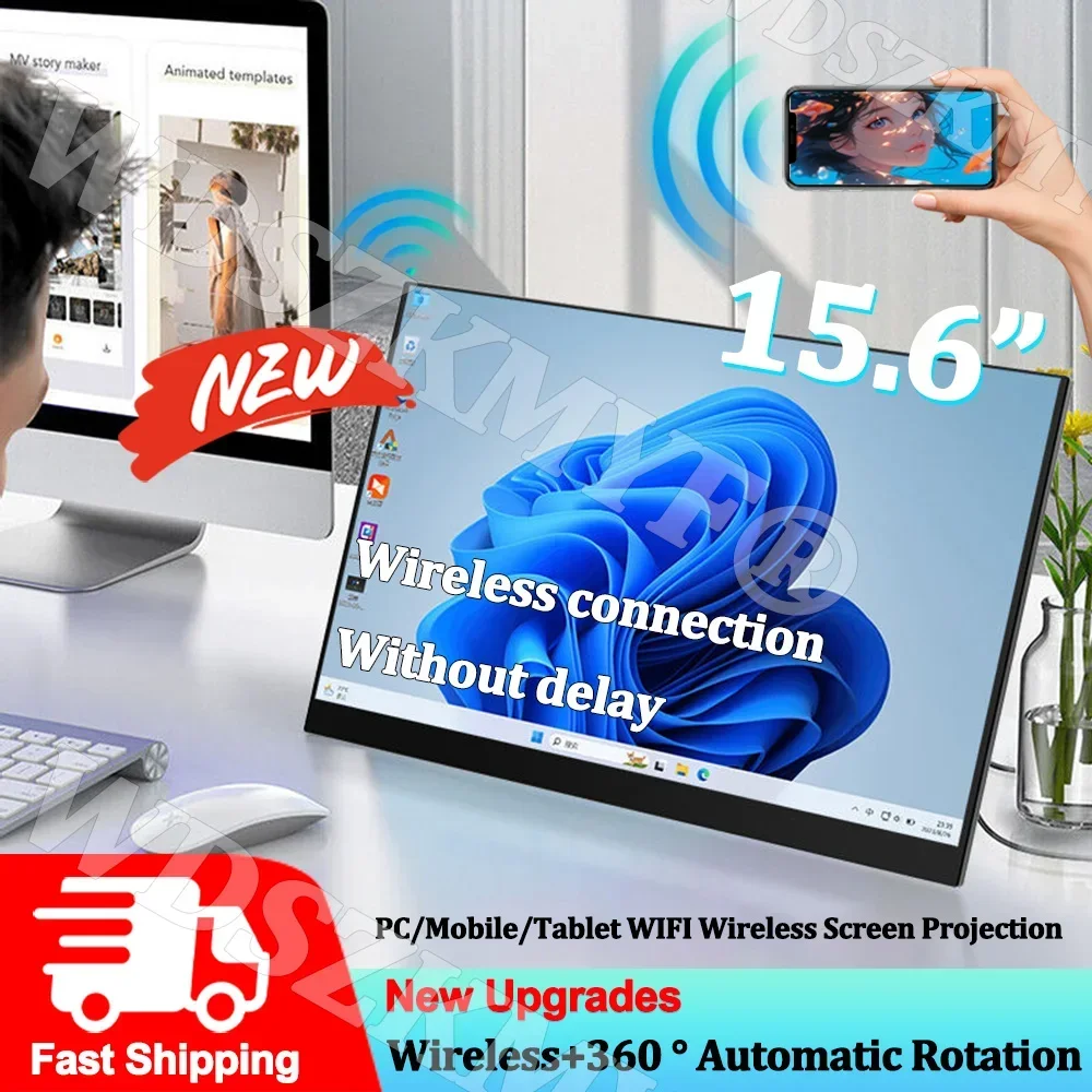 

НОВЫЙ 15,6-дюймовый беспроводной портативный монитор FHD 1080P 16:9 IPS-панель Вторичный дисплей Type-C HDMI для сотового телефона, ноутбука, ПК, Xbox Switch