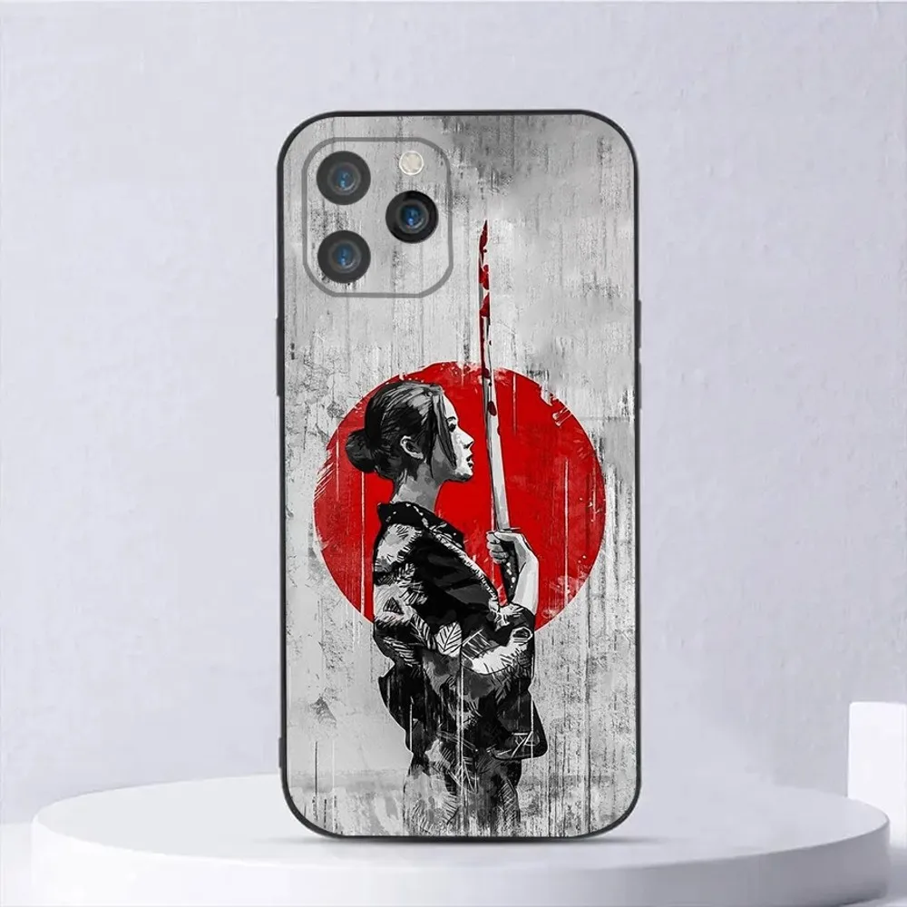 Japanese Samurai Geisha Phone Case For iPhone 15,14,13,12,11,Plus,Pro Max,XS,X,XR,SE,Mini,8,7 Soft Silicone Black Cover