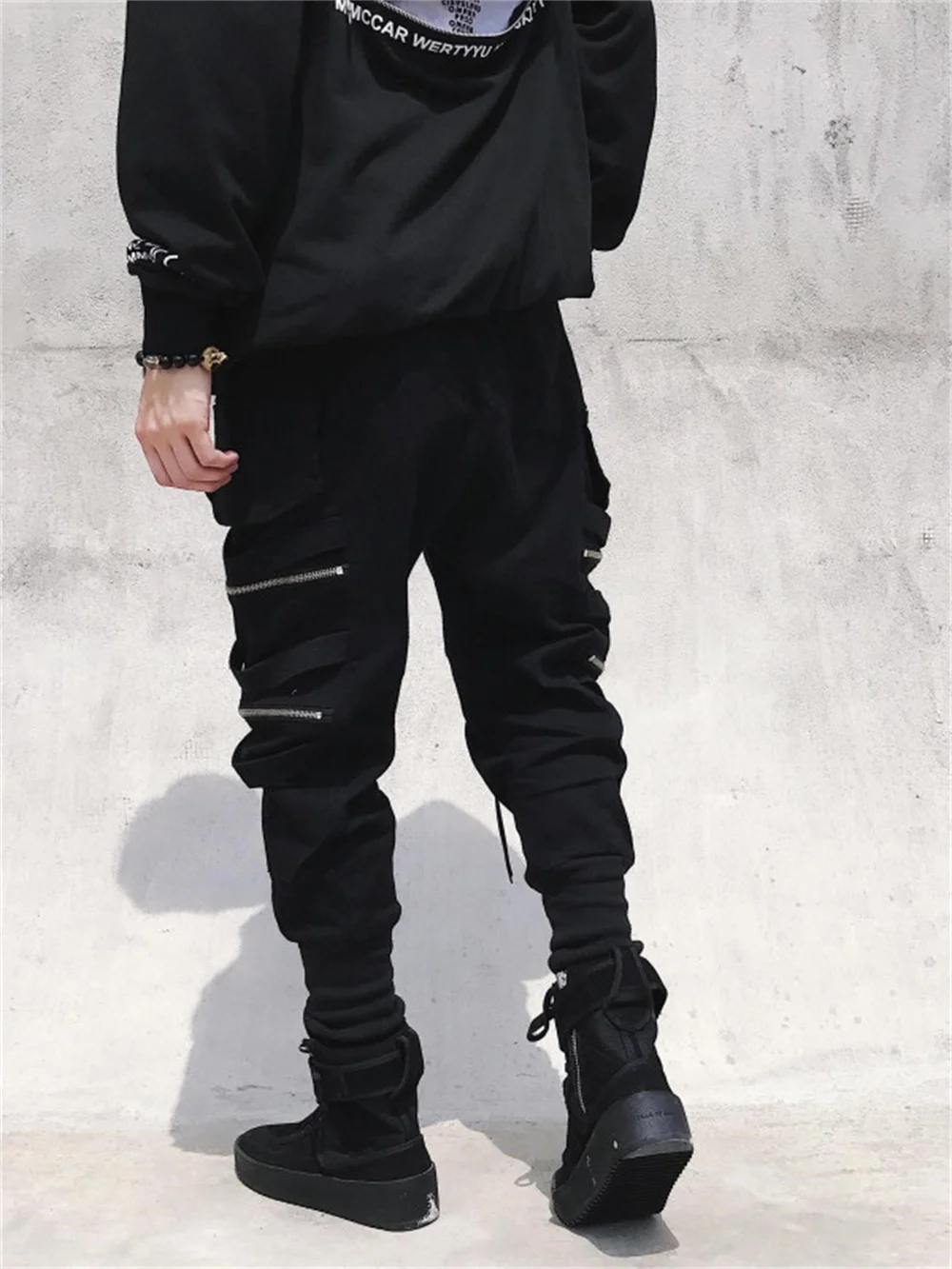 Harajuku Emo Black Cargo Pants Punk Pants Grunge Joggers Men Zipper Ribbon Jogging Techwear Autumn Korean Alt Clothes Male Jeans