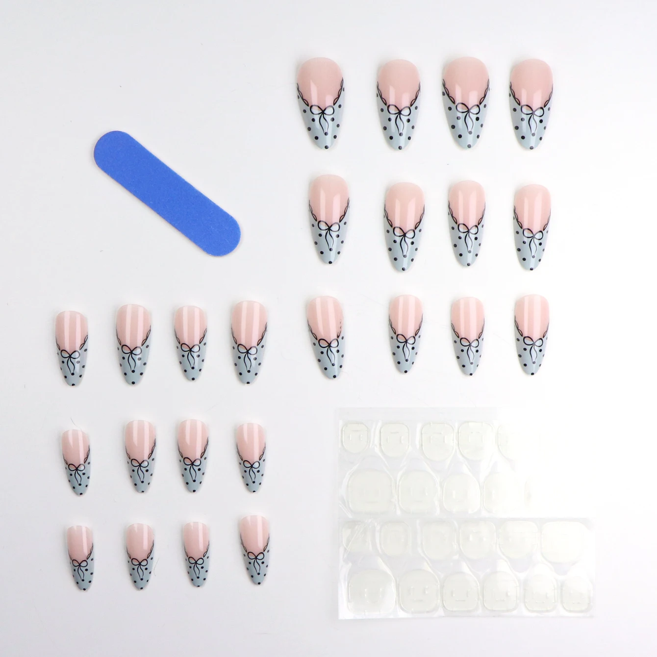 24-teiliges Set „Upgrade Your Look With White French Bow“ mit Punkten-Design, 1 Nagelfeile und 1 Nagelkleber-Aufkleber-Set für Nägel