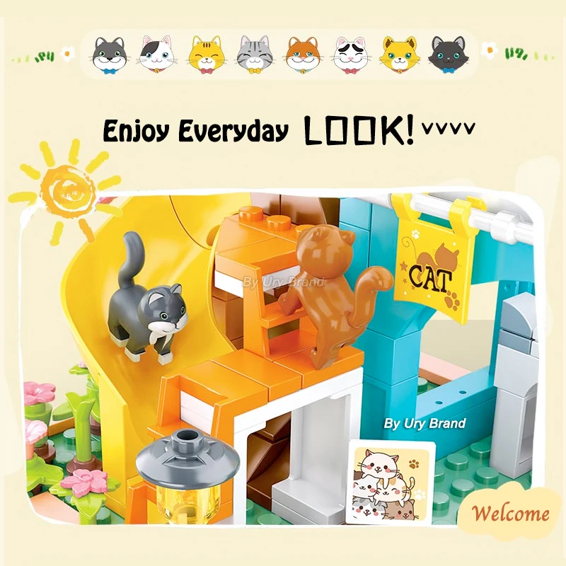 Sluban Friends City Cat Hotel Sets Girl A-Frame Pet House Apartment Garden Villa Sakura Tree Building Blocks Animal Toy Kid Gift