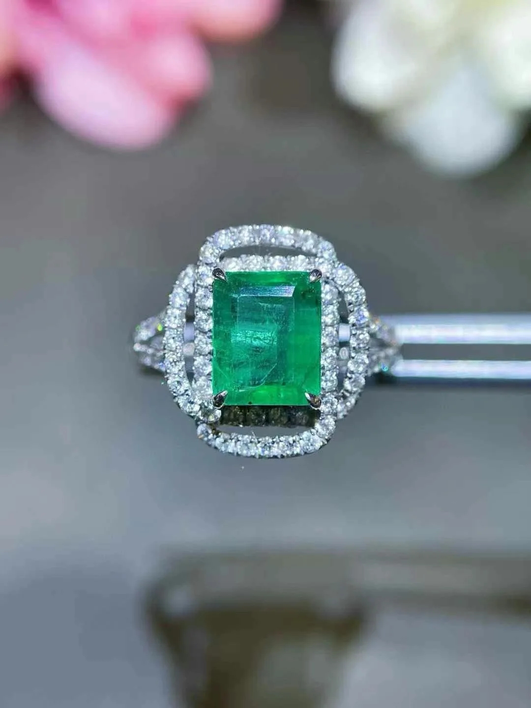 genuine luxury jewelry natural emerald ring 18K white gold with diamond 100% real simply style daily use elegance fine jewelry