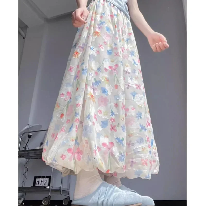 

Y2K Floral Bud Skirt Pants Women Summer Korea Pictorial A-line Half Skirt Breathable Quick Dry High Waisted Long Wide Leg Pants