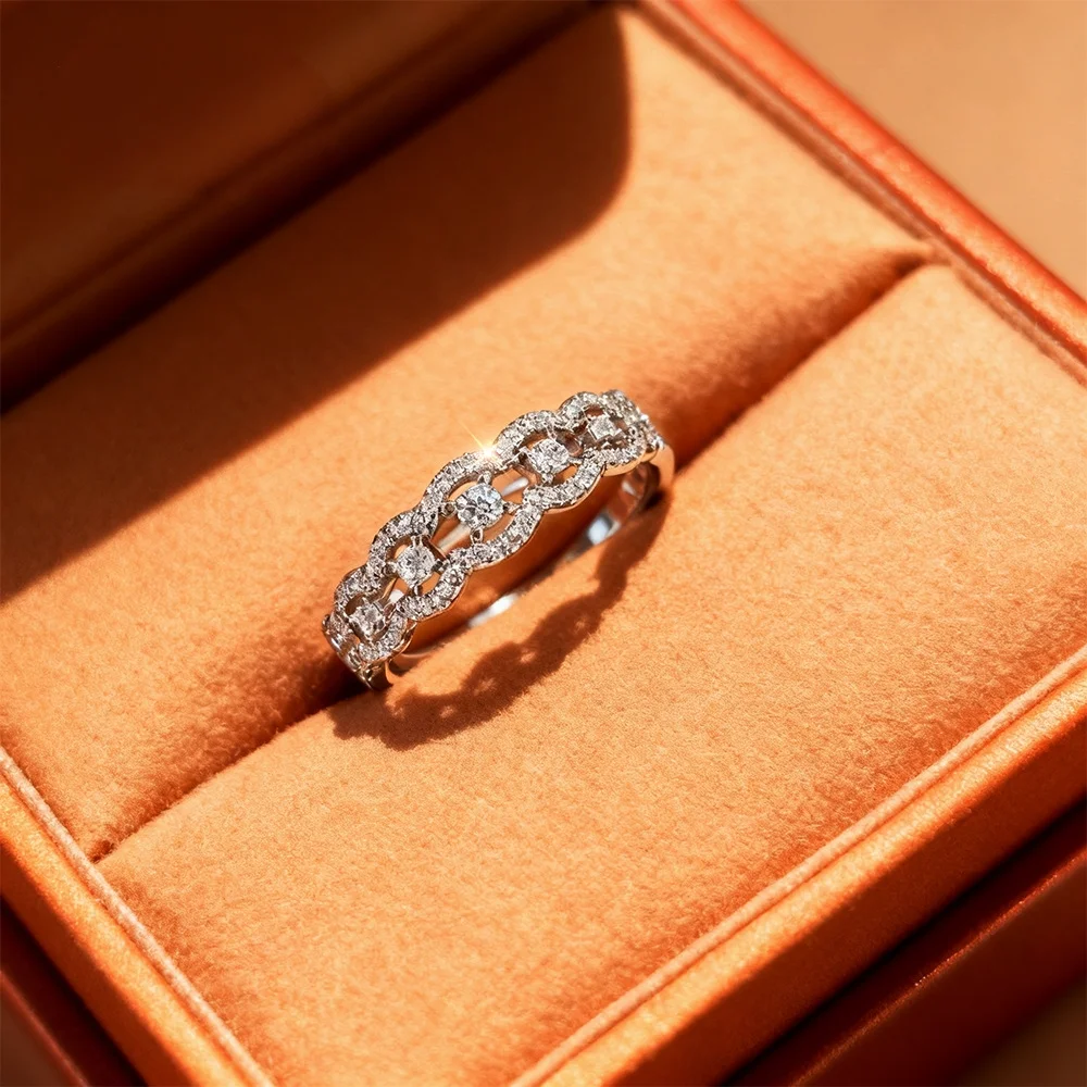 

Certified Moissanite Ring for Women, S925 Sterling Silver – White Gold-Plated Lace Eternity Band, Minimalist & On-Trend, Ideal