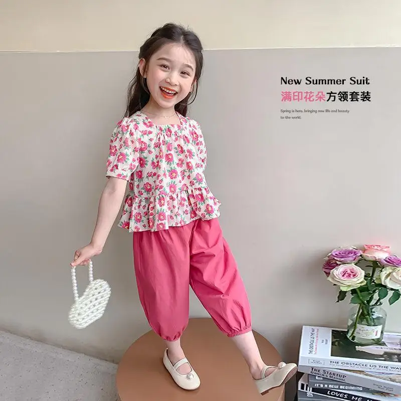 Girls' Set 18 M-9Y Children's Summer Cotton Fashion Top Pants Baby Casual Two Piece Set