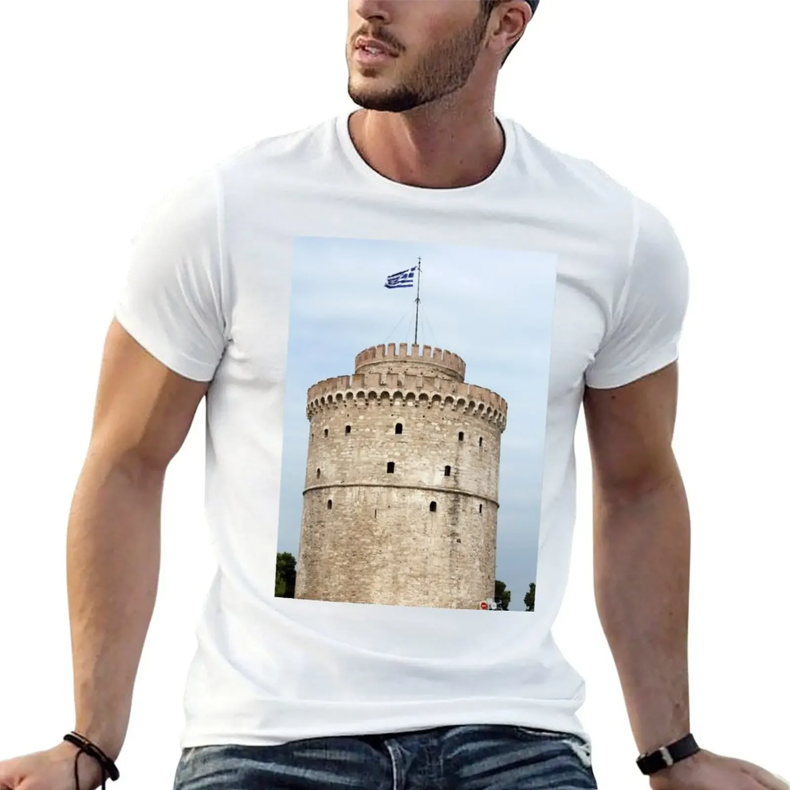 Thessaloniki famous landmark white tower T-Shirt customs korean fashion Aesthetic clothing custom shirt shirts men graphic