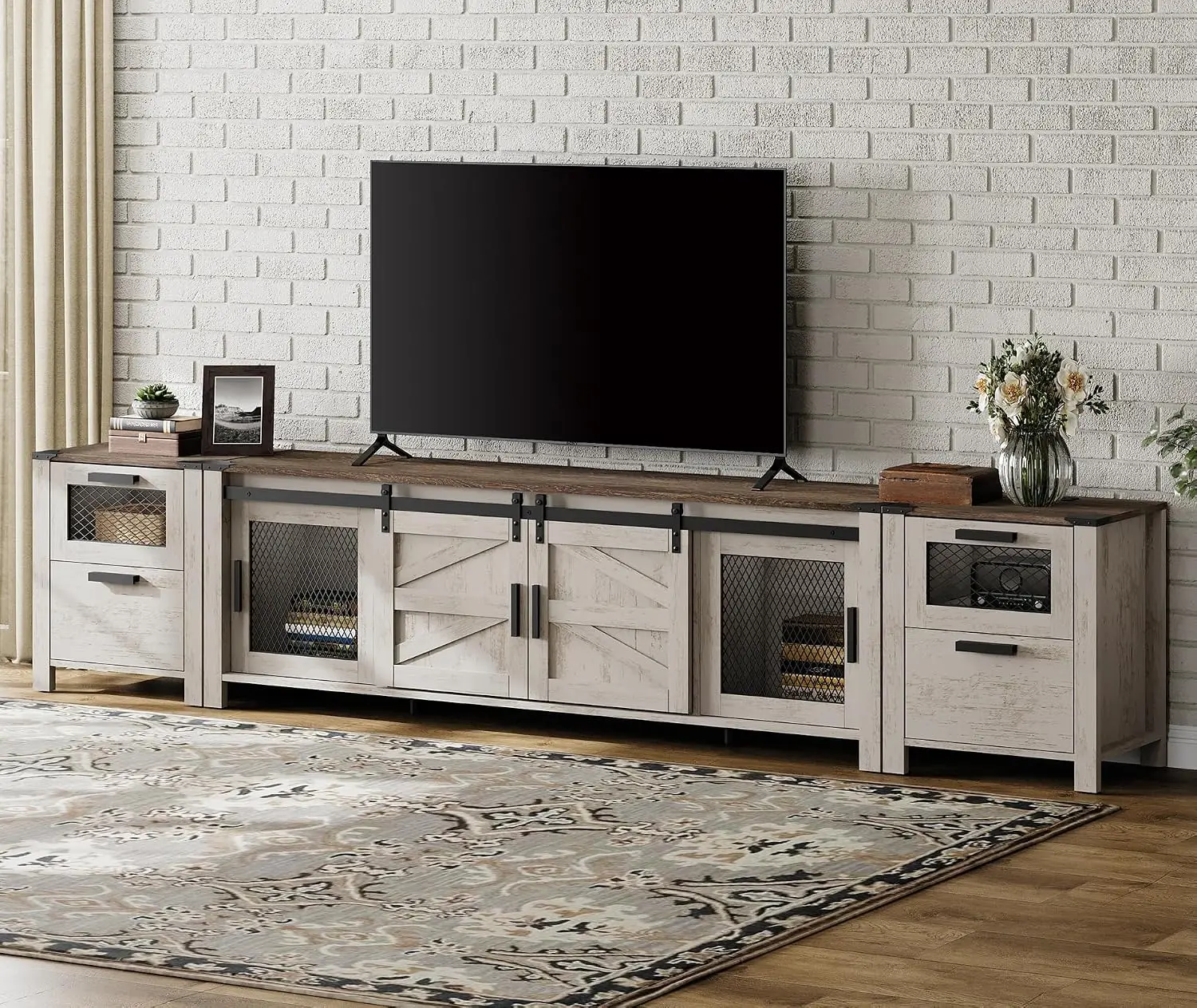 TV Stand With Charging Station For 85 Inch TV, Antique Brown & White, Customized