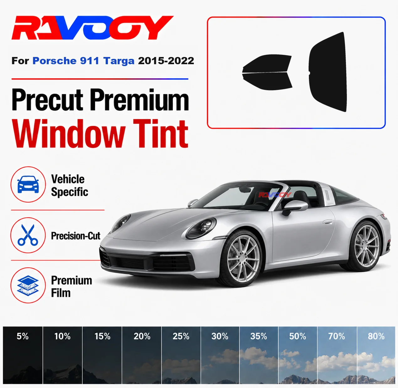 

Premium Precut Window Tint Kit Front Rear Windows Rear Windshield For Porsche 911 Targa 2015-2022 Complete Set Nano Ceramic Film