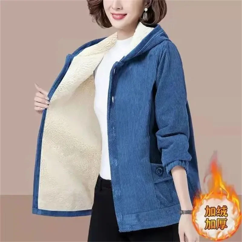 2024 Solid Color Spring Autumn Corduroy Jacket Women\'s Winter Outwear Velvet Thick Simple Loose Jacket Mother Hooded Warm Coat