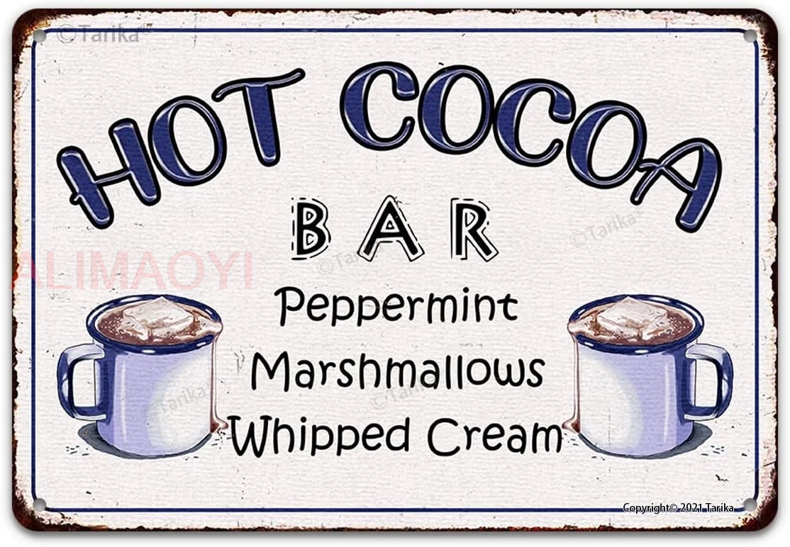 Hot Cocoa Bar Peppermint Marshmallows Whipped Cream Funny Vintage Metal Tin Sign Wall Decor for Home, Farmhouuse, Bar, Rest nice