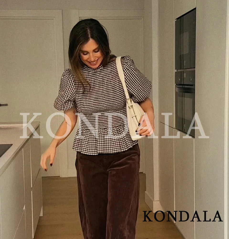KONDALA Eleganckie, codzienne bluzki z bufiastymi rękawami, damskie koszulki z krótkim rękawem z dekoltem w serek, w kratę i z wzorem plaster miodu, nowa kolekcja wiosna-lato 2026.