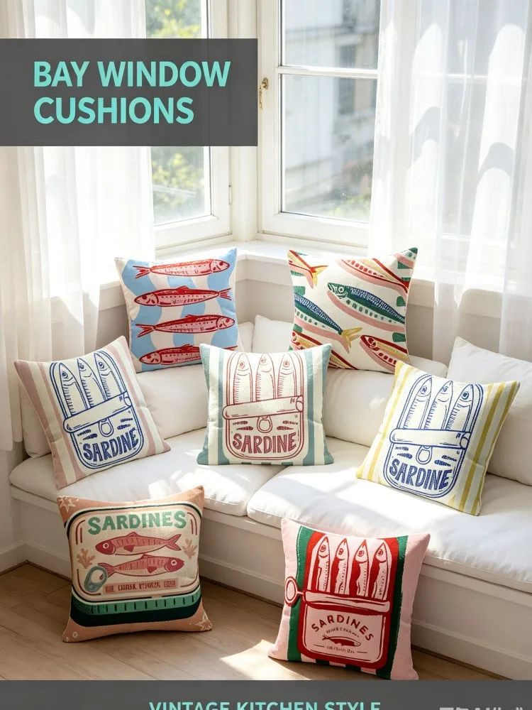 Vintage Sardine Fish Can Print Throw Pillow Covers, Retro Coastal Nautical Seafood Art Decorative Square Cushion Cases, Cartoon