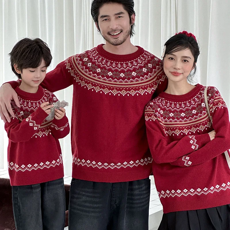 

Red Sweater Family Set for Parents & Kids Christmas New Year Outfit Knitwear Trendy Warm Fleece Pullover Unisex Toddler Clothes