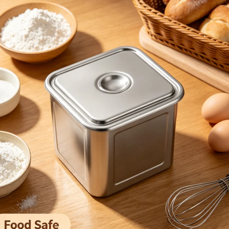Stainless Steel Square Storage Container with Lid for Kitchen Pantry Rice Flour Dry Goods Organizer