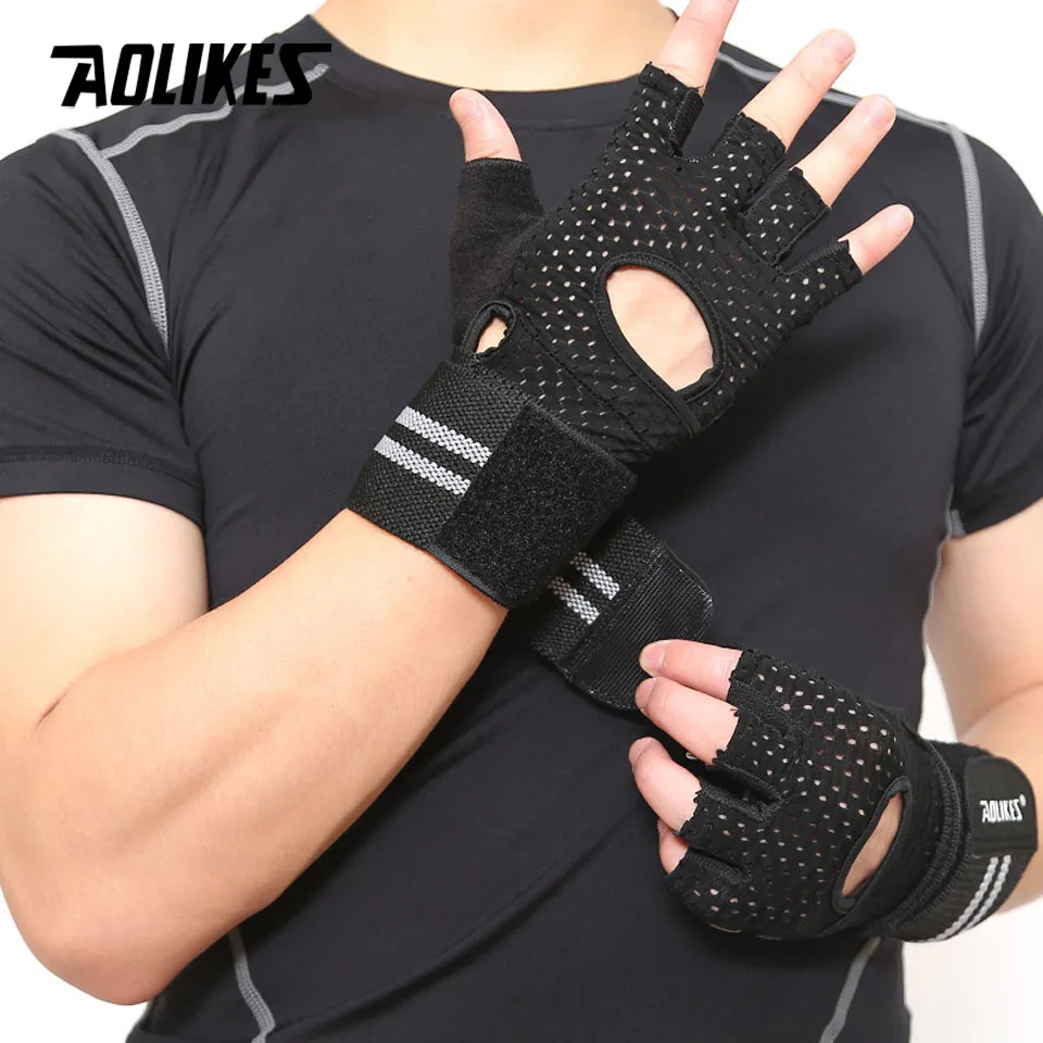 AOLIKES Fitness Gym Glove Men & Women Anti-Slip Silicone Grip Padded Weight Lifting Gloves with Wrist Wrap Crossfit Workout