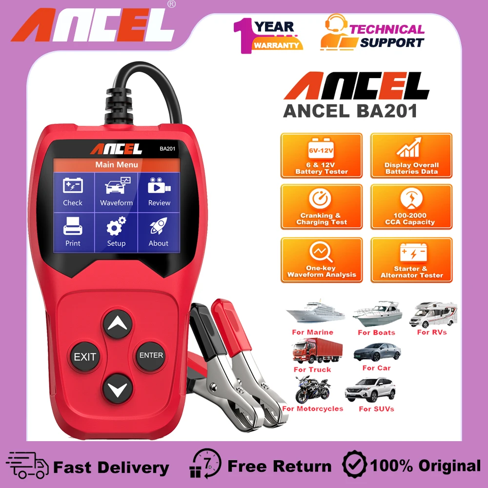 

ANCEL BA201 Battery Tester Diagnostic Tool 12V Car Battery 220Ah 2000CCA Voltage Loading Quick Cranking Charging Auto Analyzer