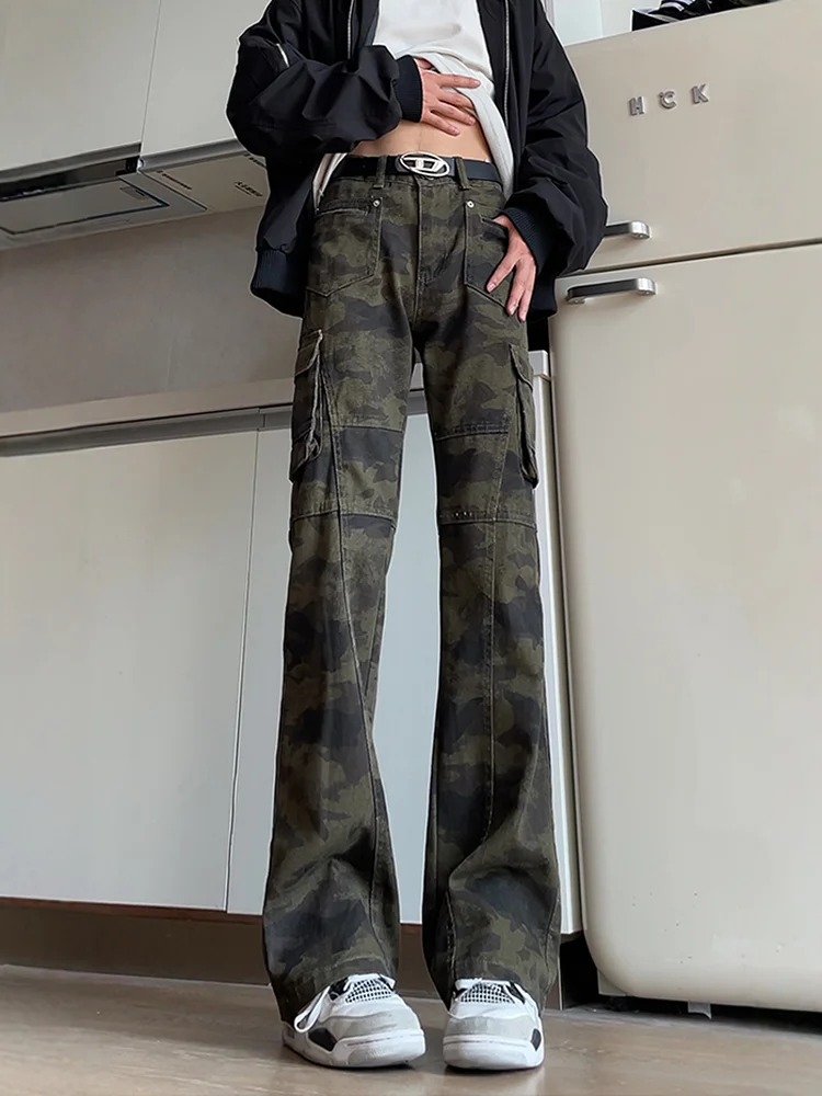 

American High Street Vibe Camouflage Pants Men's Straight Leg Flared Jeans Tall Men Leg Lengthening Wide Leg Workwear Denim