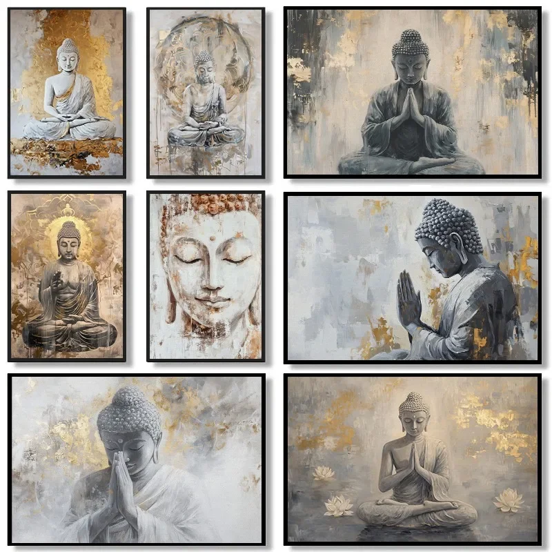 Minimalist Abstract White and Gold Buddha Poster Asian Buddhist Meditation Zen Canvas Painting Wall Art Living Room Home Deco