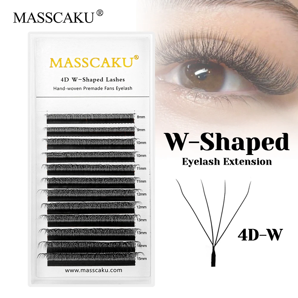 MASSCAKU New Arrival 8-15mm and Mix Length Soft W Clover Eyelashes Premium Velvet Fiber W Shaped Premade Volume Fans Eyelash