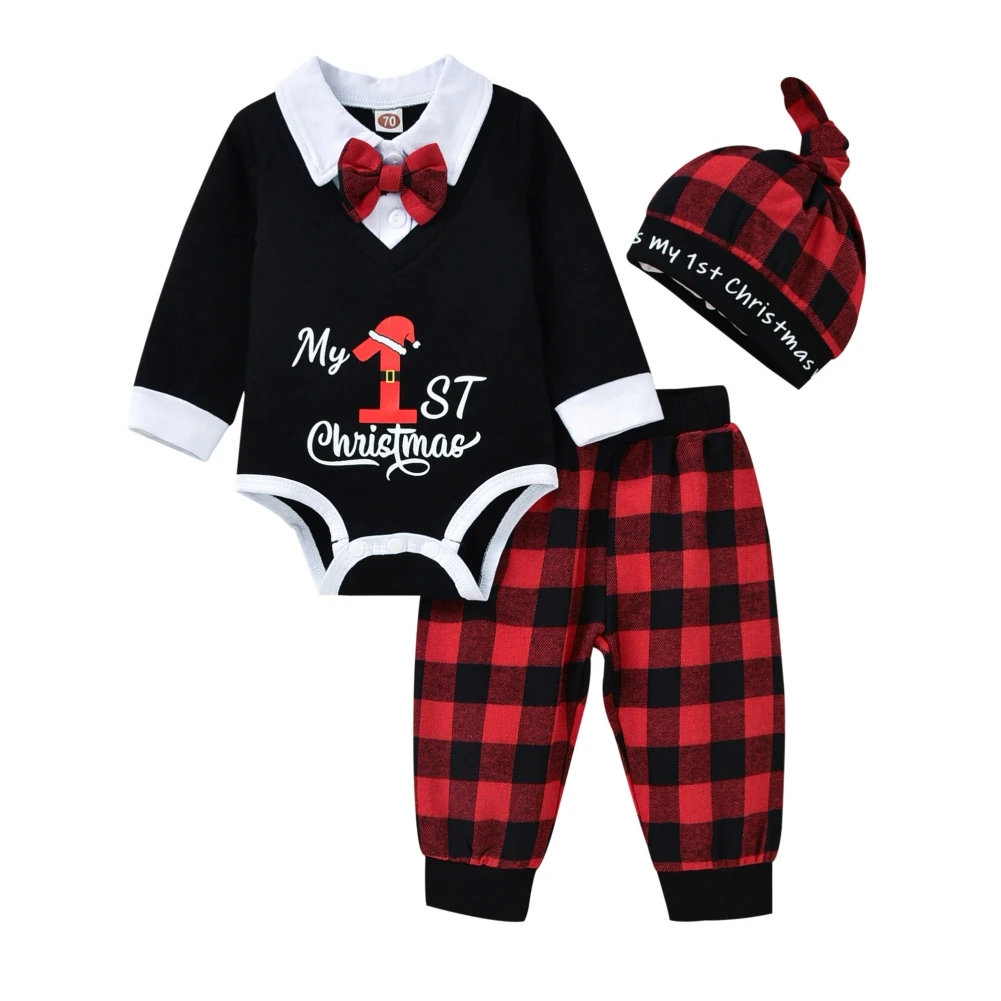 Baby Boys Gentleman Bow Romper + Plaid Pants + Hat Christmas Infant Streetwear Outfit 0-18 Months Toddler Clothes Set