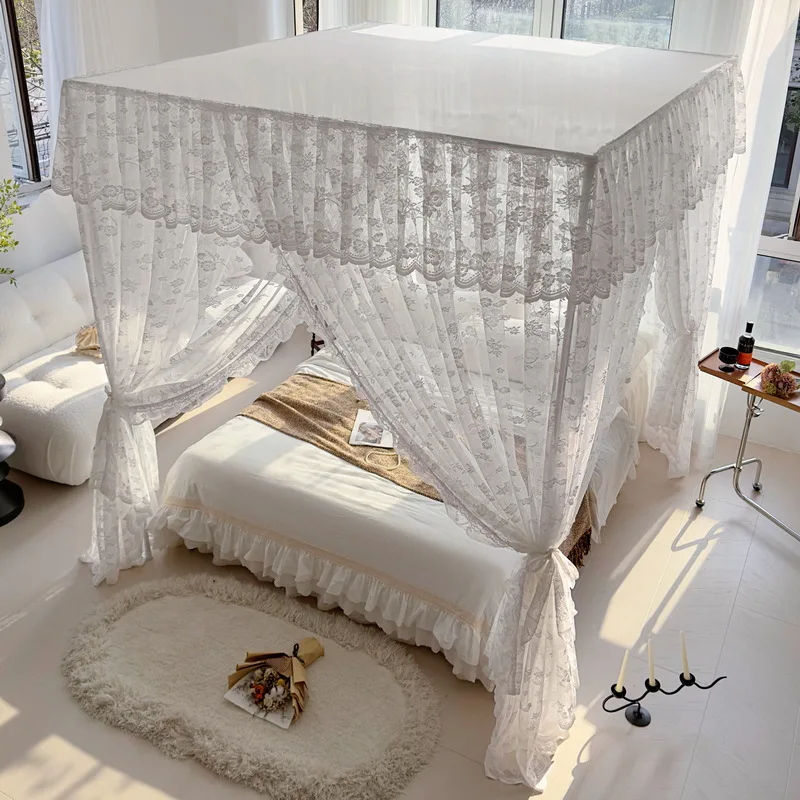 French Lace Mosquito Net Home Use, Floor-Standing Style Three-Door Princess Bedroom Canopy Bed Mosquito Net