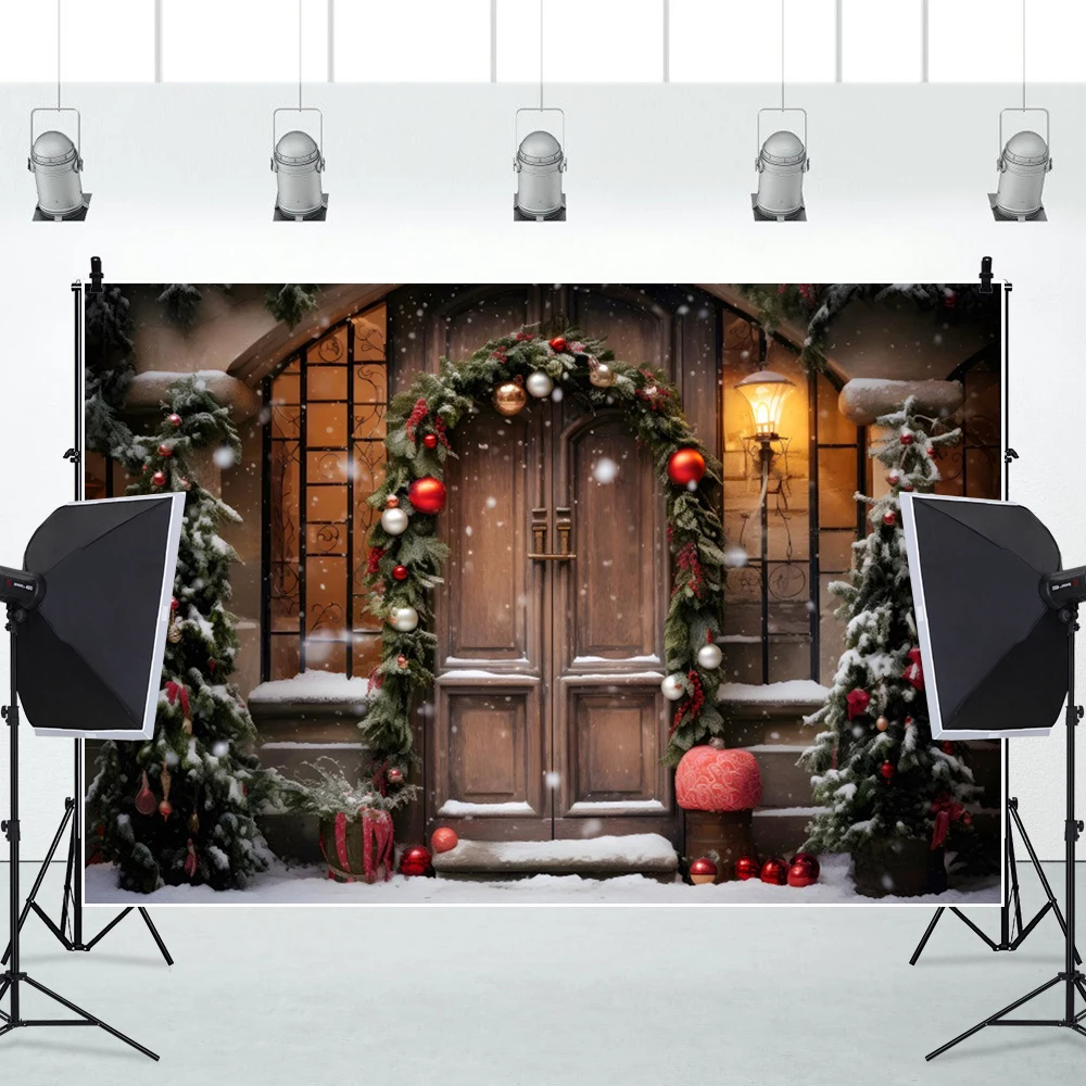 Christmas Backdrop Photography Wooden Door Winter Glitter Xmas Tree Decor Holiday Party Kids Portrait Photo Background Photozone