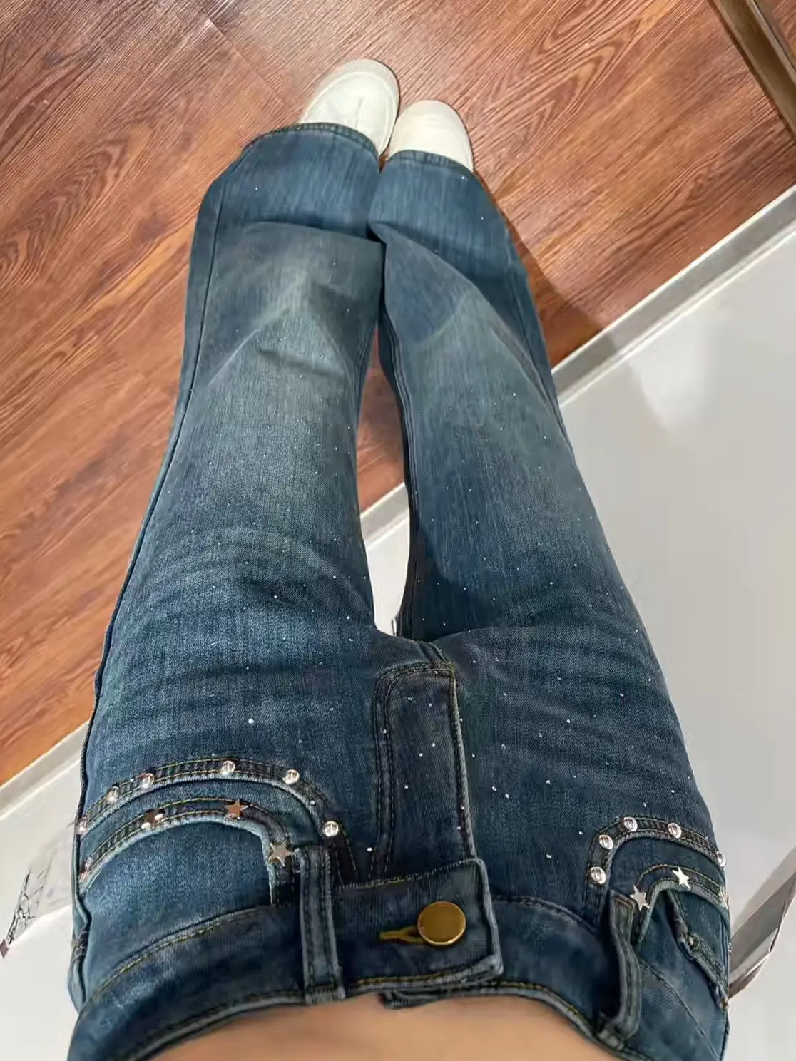 Y2K Sparkling Starry Hot Stamping Jeans Women Spring Micro Flared Elastic High Waisted Loose Slimming Flared Pants