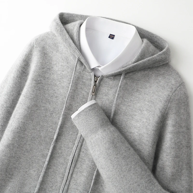 

Men Pure Wool Sweater Hoodie Zipper Cardigan Autumn Winter Thick Hooded Pocket Knitting Coat 100% Merino Wool Knitwear Tops