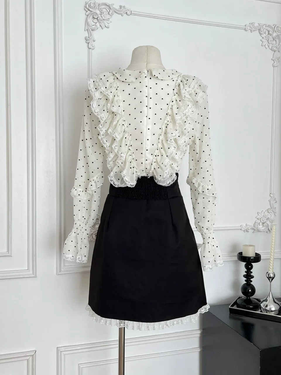 Ele – ensemble deux pièces avec nœud papillon à pois, taille haute, jupe cintrée, tenue d'hiver pour femmes, haut français Sle Bot