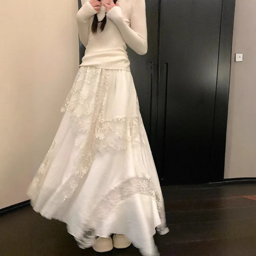 

Spring Heavy Industry Embroidery Lace Mesh Skirt Big Pendulum A Word Irregular Design Sense Niche Long Skirt