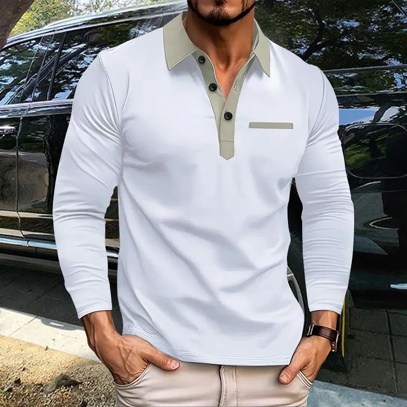 Men's Long Sleeve Polo Shirt, Lapel Patchwork, Slim Fit, Faux Pocket, Spring and Autumn, New, GZMS-2024L