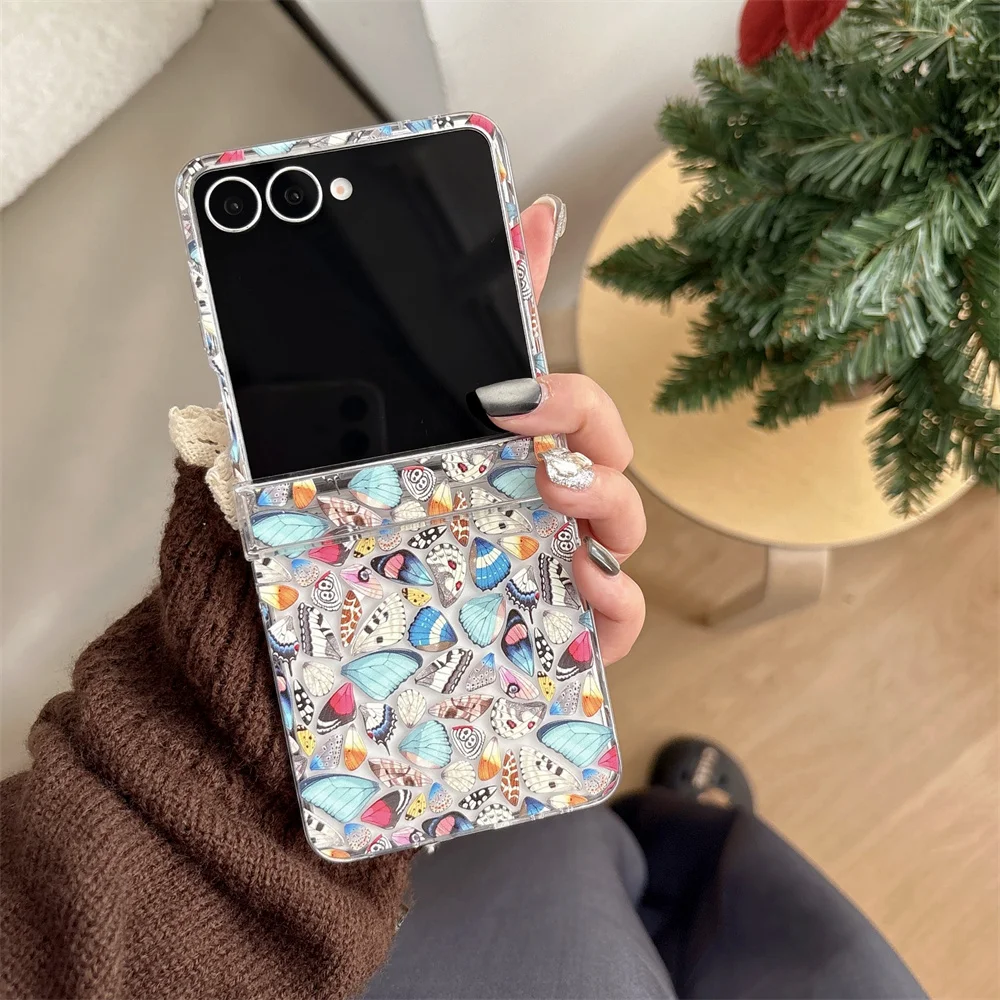 Fresh Vibrant Mixed Aqua Butterfly Wing Printed Phone Case for Samsung Galaxy Z Flip 7-3 Crystal Bead Strap Protective Cover