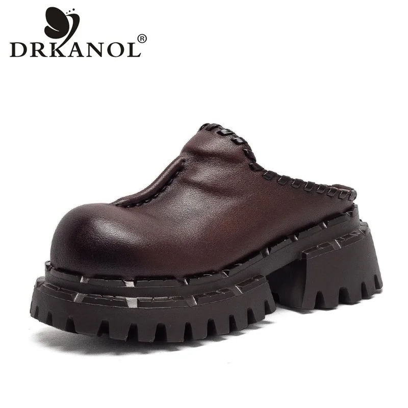 DRKANOL Women Platform Slippers 2026 Summer Big Toe Genuine Leather Slip On Slingback Shoes Ladies Retro Style High Heel Slides