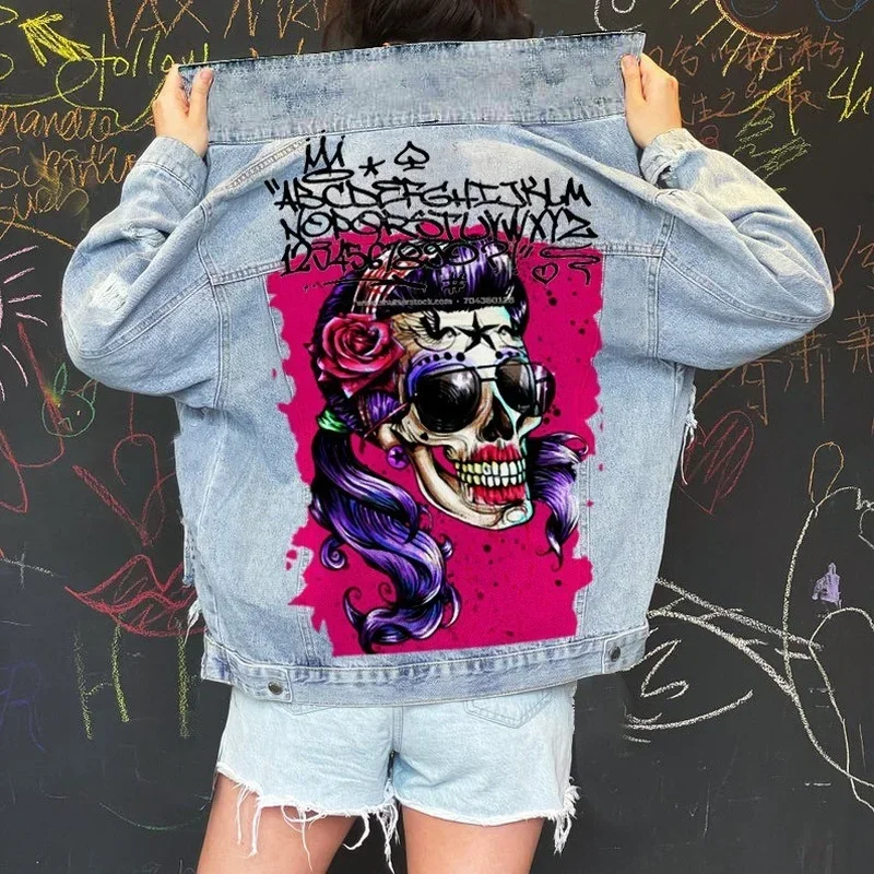 

Women Skull Jean Jacket Streetwear Fashion Long Sleeve Lapel Loose Printed Denim Jackets for Woman Spring Autumn