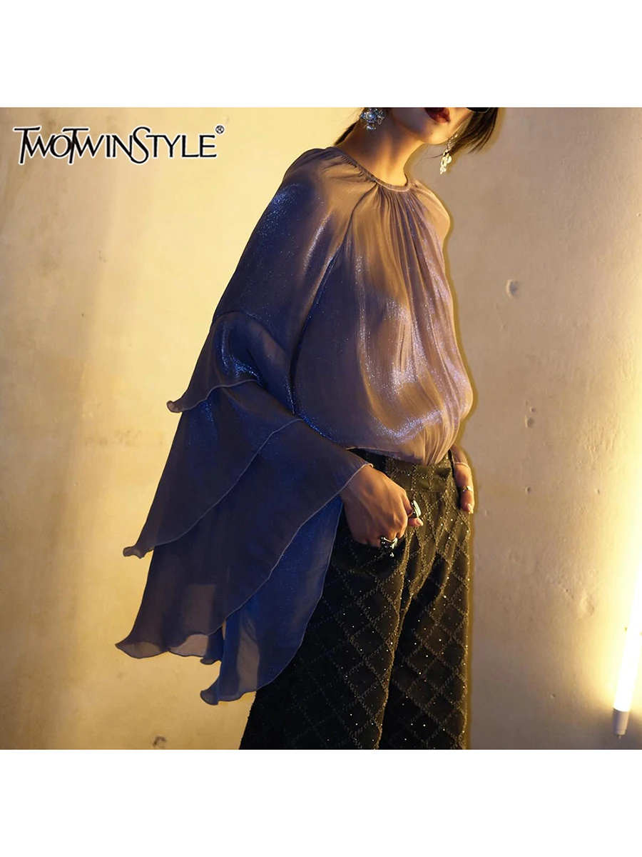 TWOTWINSTYLE Solid Spliced Ruffles Loose Blouses For Women O Neck Long Sleeve Temperament Shirts Female Fashion Style Cloythes