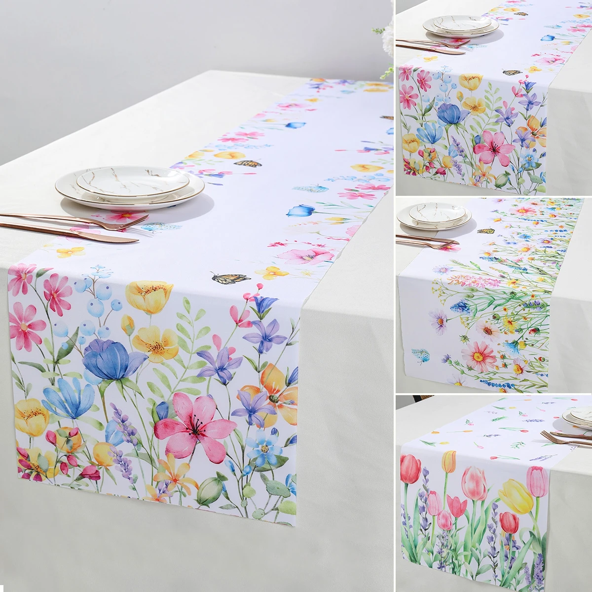 180x35cm Floral Leaves Table Runner Daisy Lavender Table Runner Spring Kitchen Dining Table Decoration for Home Party Decoration