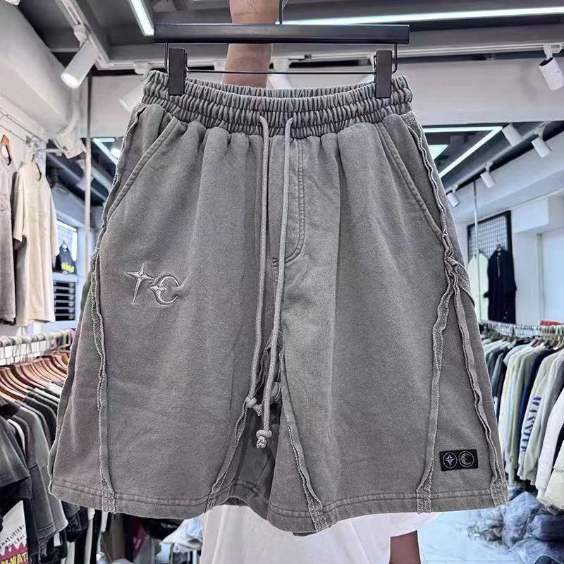 

High Quality Summer Men Woman Grey Shorts Heavyweight Embroidery Logo Flipping Edge Vintage Loose Casual Breeches